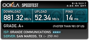 881.32 Mb/s download, 52.34 Mb/s upload